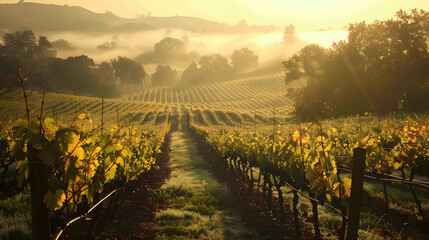 A serene sunrise over a sprawling vineyard, the early morning light casting a soft glow on dew-kissed grapevines