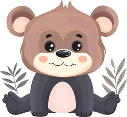 Cute cartoon bear with leaves on transparent background. Vector illustration