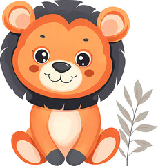 Cute baby lion sitting on transparent background. Cartoon vector illustration.