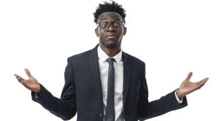 Business black man confused, Corporate businessman shrugging her shoulders on a transparent background 