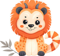 Cute cartoon lion on transparent background. Vector illustration for children.