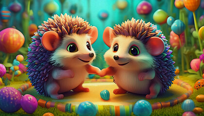 OIL PAINTING STYLE CARTOON CHARACTER CUTE baby A pair of playful hedgehogs exploring a miniature obstacle cours, 