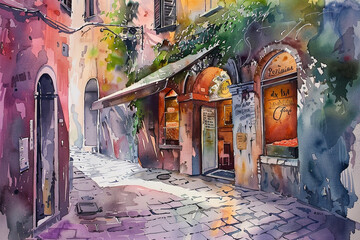 Watercolor of a quaint alley with a small pizzeria inviting entrance