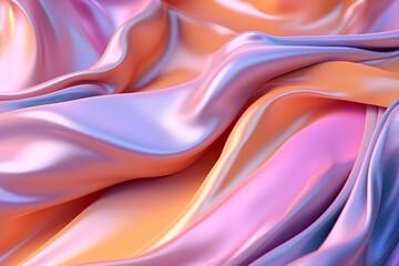 Luxury 3d silk texture background. Fluid iridescent holographic neon curved wave in motion colorful pastel elegant background. Silky cloth luxury fluid wave banner.
