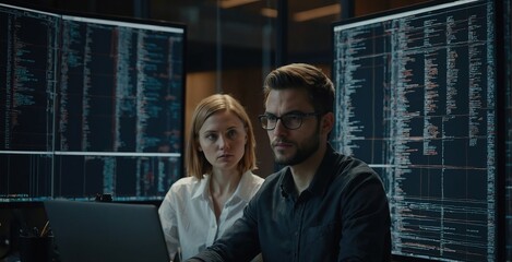 Two Diverse Developers Using Laptop Computer, Discussing Lines of Code that Appear on Big Screens Surrounding Them, Male and Female Programmers Creating Software Together and Fixing Bugs