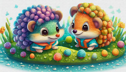 OIL PAINTING STYLE CARTOON CHARACTER CUTE baby A pair of playful hedgehogs exploring a miniature obstacle cours, 
