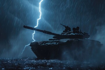 A military tank in the rain with a striking lightning bolt in the background. Suitable for military or weather-related concepts