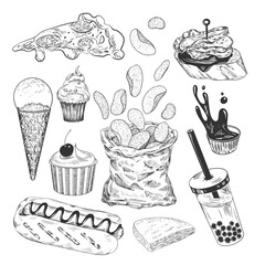Set of fast food. Sketch style chips bag, bubble tea, hot dog, pizza, sauce. Engraved desserts, cupcake, ice cream. Spanish tapas. Hand drawn collection of street food isolated in white background