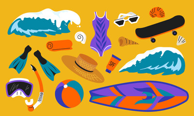 Set of summer beach elements. Collection with ocean waves, surfboard, skateboard, swimsuit, straw hat, diving mask, fins, sunglasses, ball. Vector design elements for summer banner, poster