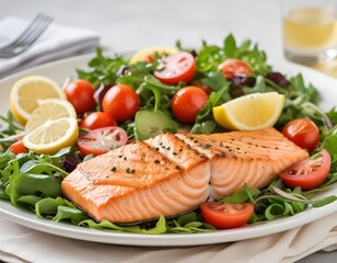 A grilled salmon fillet served on a bed of fresh salad