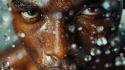Capture the intricate details of a focused, sweaty athletes face during a grueling workout Highlight every bead of sweat and strained muscle fiber in photorealistic detail
