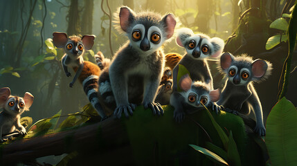 A group of curious lemurs peering out from the treetops in the tropical jungle. - Powered by Adobe