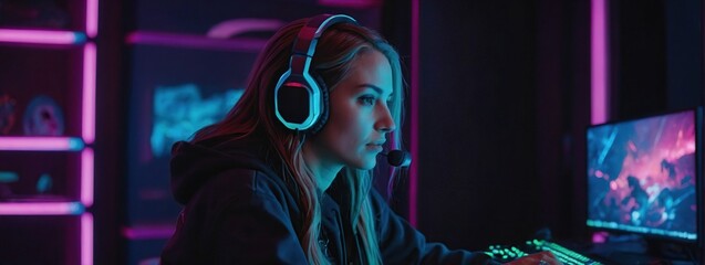 Professional Female Gamer Playing an Online Video Game in a Vibrant, Neon-Lit Room, Showcasing Intense Gameplay, Young Woman Playing on a High-Tech Gaming Setup