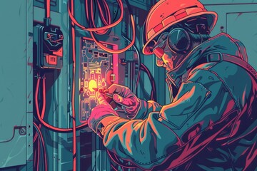 Obraz premium Industrial worker wearing gas mask operating machinery. Suitable for industrial safety concepts