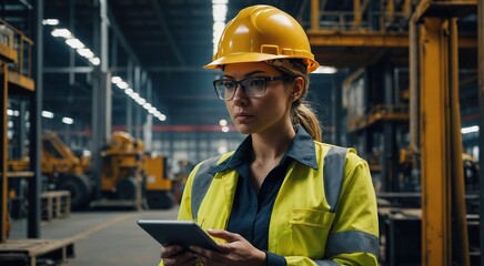 Professional Heavy Industry EngineerWorker Wearing Safety Uniform and Hard Hat Uses Tablet Computer, Serious Successful Female Industrial Specialist Walking in a Metal Manufacture Warehouse
