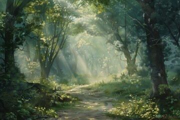 A serene woodland glen, with sunlight filtering through the trees