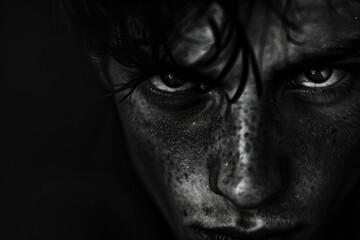 Delusional Portrait of a Young Man in Dark and Moody Black and White Close-up Shot with Striking