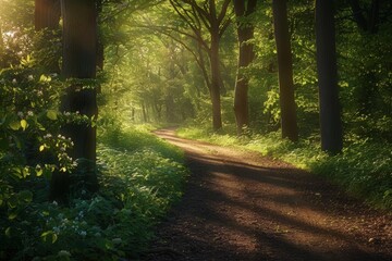 A serene woodland trail, with dappled sunlight and winding paths