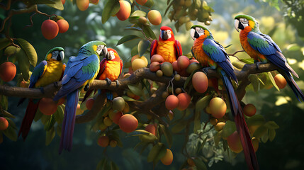 A group of parrots gathering around a vibrant fruit tree, their colorful plumage blending with the...