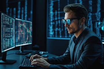 Programming coding and man with focus, hologram and trading with cyber security, futuristic and research. Male person, investor and employee with data analysis, server or investment with website info
