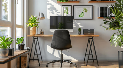 modern living room with furniture. Contemporary Office Space: Bright Interior with Black Chair, Computer Monitor, and Poster - Ideal for Creative Professionals