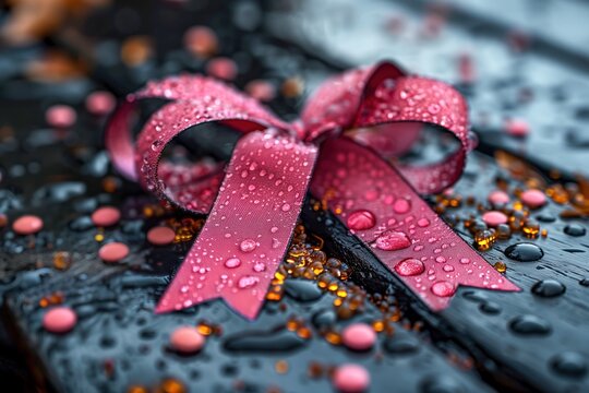 Pink ribbon symbol of fight against cancer, cancer prevention. Symbolic tape on wet bench with drops and scattering tablets. Concept of national cancer survivors day