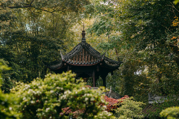 Japanese garden in the park, asian ancient pagoda, garden, foliage, china, japan, asia, summer, spring, autumn, nature