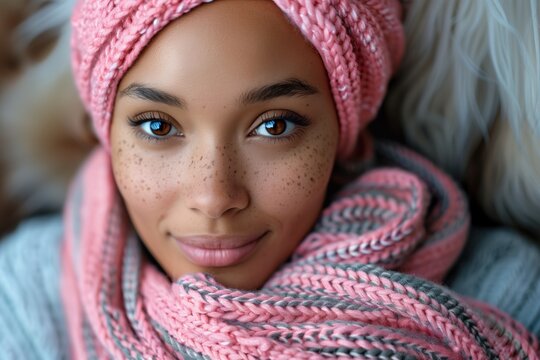 Young 25s black African American woman, sick cancer, with pink knitted scarf on head and neck, stay positive and smile. National cancer survivors day, world cancer day - Powered by Adobe