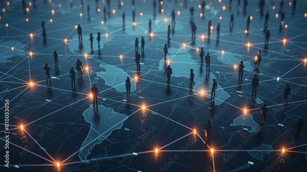 Poster a group of people are connected to each other in a network. the people are represented by small silh