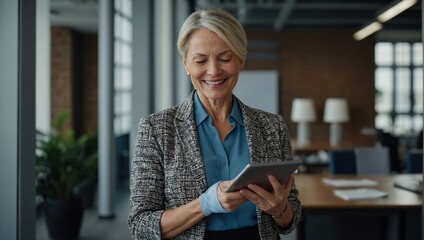Smiling mature professional business woman using tablet standing in office, Busy middle aged businesswoman manager, older female executive leader holding pad digital tablet at work, looking at pad