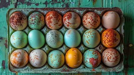   A box of multicolored eggs sits atop a green wooden table beside an orange and yellow egg