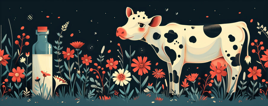 Cow and bottle of milk in meadow with blooming flowers. For design, print, card, for banner, flyer, advertising. Milk concept. World Milk Day