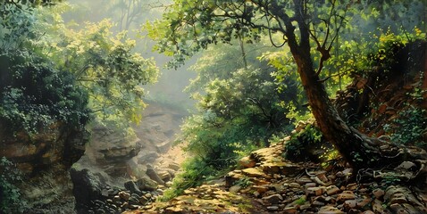 A serene view of a deeply eroded gulley surrounded by lush green vegetation, with sunlight filtering through the trees, creating a mosaic of light and shadow on the rugged terrain
