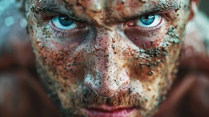 Illustrate a detailed close-up of a focused athletes face mid-pushup