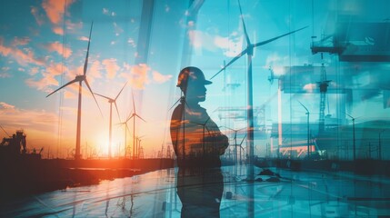 The silhouette of a person standing in front of a wind turbine at sunset. - obrazy, fototapety, plakaty