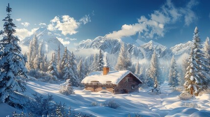 Illustrate a panoramic Winter wonderland with snow-covered pine trees standing tall against a crystal-clear blue sky Add a charming cabin with smoke gently swirling from the chimne - Powered by Adobe