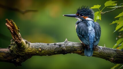 Belted Kingfisher perched on a tree branch in the wild. A stunning blue bird with a sharp beak
