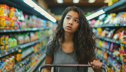 An anxious young woman pushes a shopping cart down a supermarket aisle, focused on shopping and considering product choices.