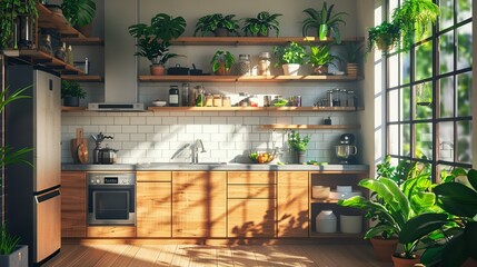 Illustrate the concept of Eco-Friendly Living at eye level with a modern kitchen featuring energy-efficient appliances