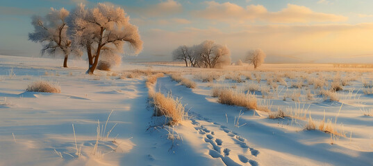 A serene winter scene on the high plains, with a blanket of fresh snow and tracks of wild animals...