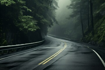 Fototapeta premium Curving road with yellow lines through a misty forest, encapsulating a serene and mysterious journey