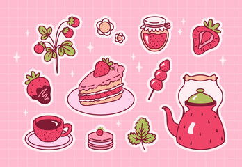Set of strawberry desserts. Cute sticker pack. Hand drawn vector illustrations.