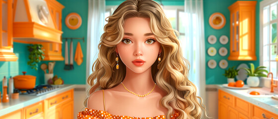 Fototapeta premium A woman with long blonde hair is standing in a kitchen