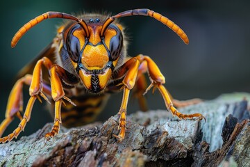 Fototapeta premium Closeup of Dangerous Vespa Velutina, Asian Long-Legged Predatory Hornet on Wood