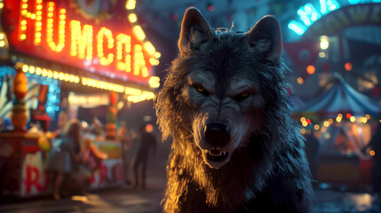 A curious werewolf inspecting a haunted carnival attraction, Halloween wallpaper