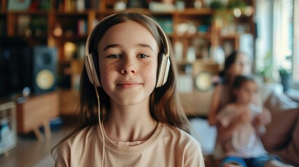 The picture of the young teenager listening to the music with the headphone filled with enjoyment,...