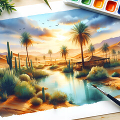 Ethereal Oasis: Transcending Reality Through the Enchanting Beauty of the Oasis in Watercolor