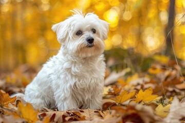 Beautiful Autumn Portrait of Cute Coton De Tulear Dog in Forest Leaf Background