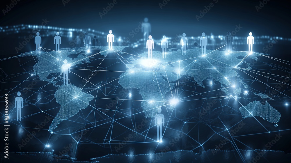 Poster a group of people are connected to each other through a network of lines. concept of a global commun