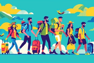 Group of people walking with luggage on a city street. Suitable for travel and urban lifestyle concepts